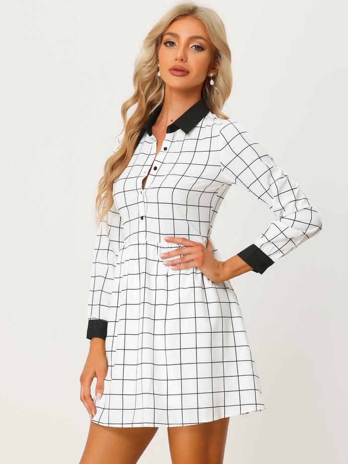 allegra k Casual Grid Plaid Long Sleeve Contrast Color Collared Shirt Dress