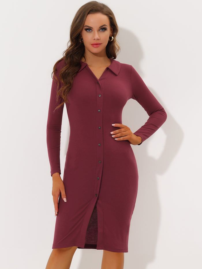 allegra k Casual Long Sleeve Collared Bodycon Sheath Slim Fit Knit Midi Dress