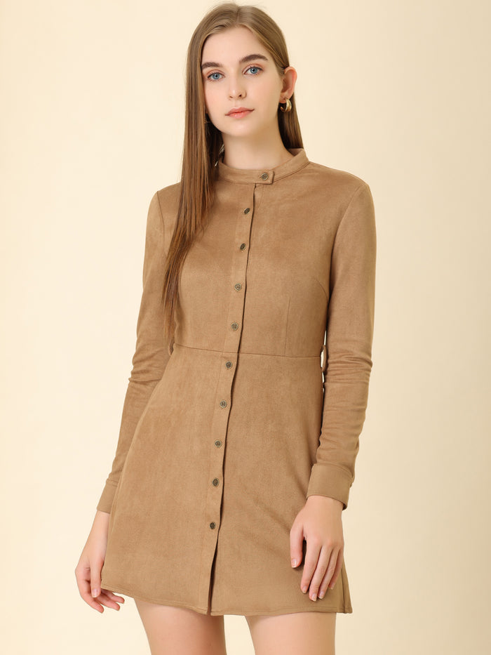 allegra k Casual Long Sleeve Faux Suede Belted Button Down Mini Dress