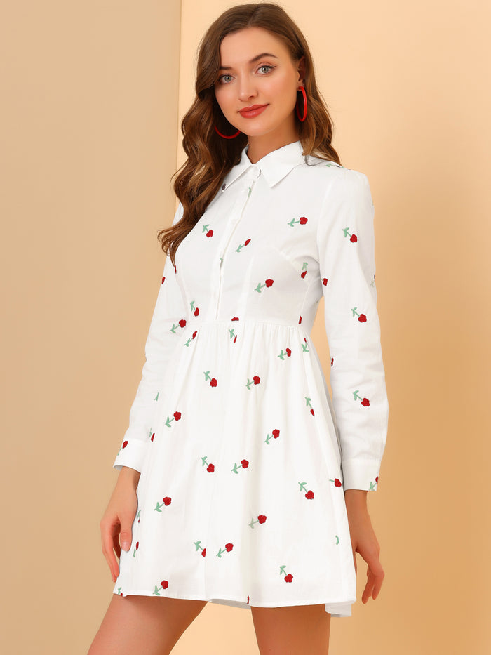 allegra k Casual Long Sleeve Half Placket Embroidered Floral Mini Shirt Dress