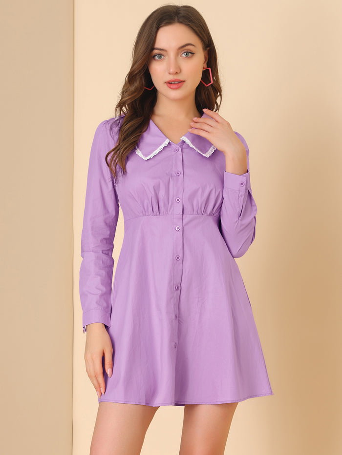 Allegra K Casual Peter Pan Collar Long Sleeve Cotton Button Front Shirt Dress
