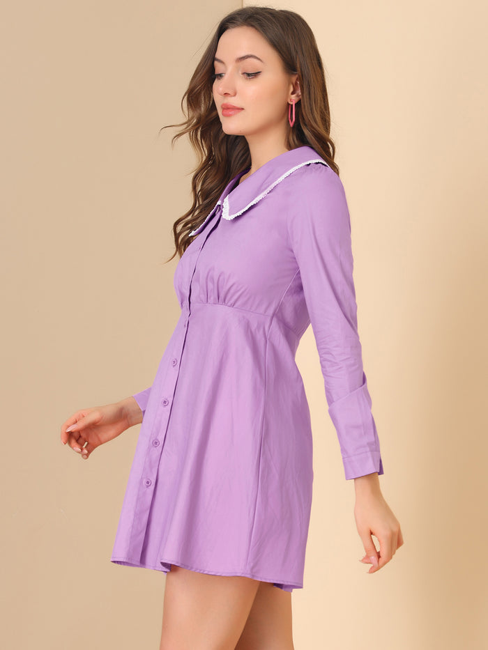 Allegra K Casual Peter Pan Collar Long Sleeve Cotton Button Front Shirt Dress