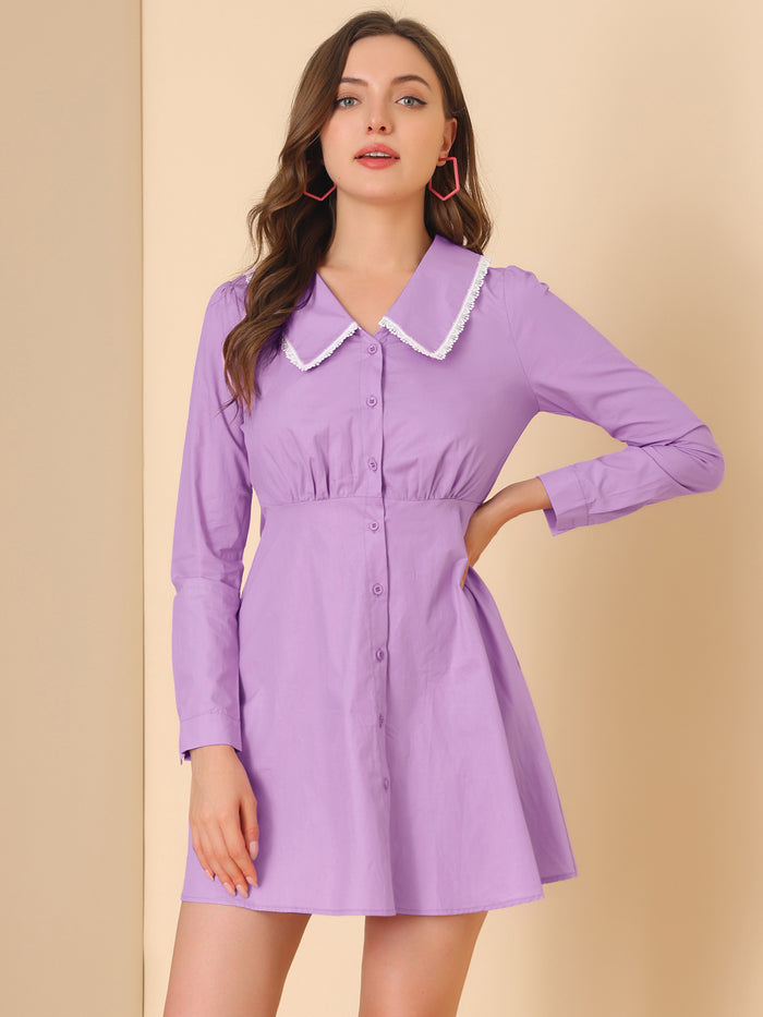 allegra k Casual Peter Pan Collar Long Sleeve Cotton Button Front Shirt Dress