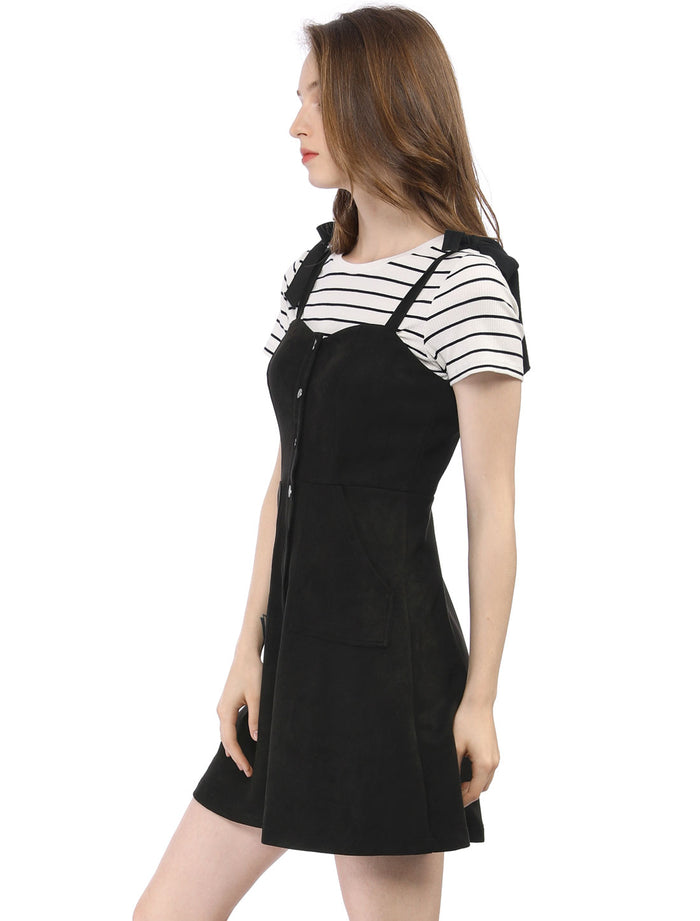 Allegra K Casual Pinafore Overall Button Down Sleeveless Faux Suede Dress