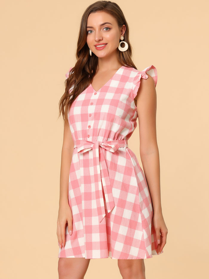 Allegra K Casual Plaids Ruffled Sleeve A-Line Gingham Check Dress