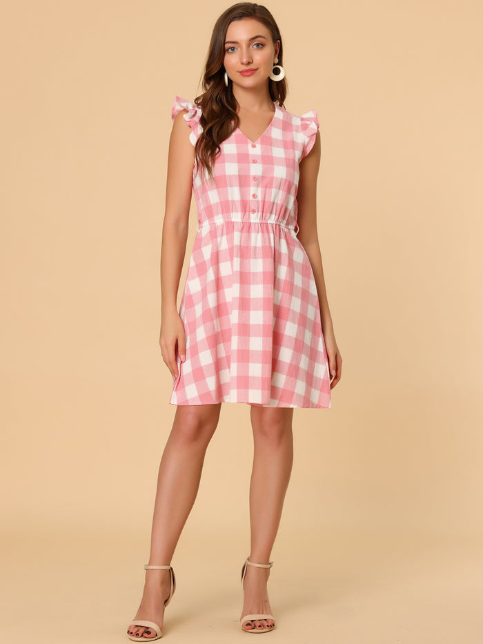 Allegra K Casual Plaids Ruffled Sleeve A-Line Gingham Check Dress