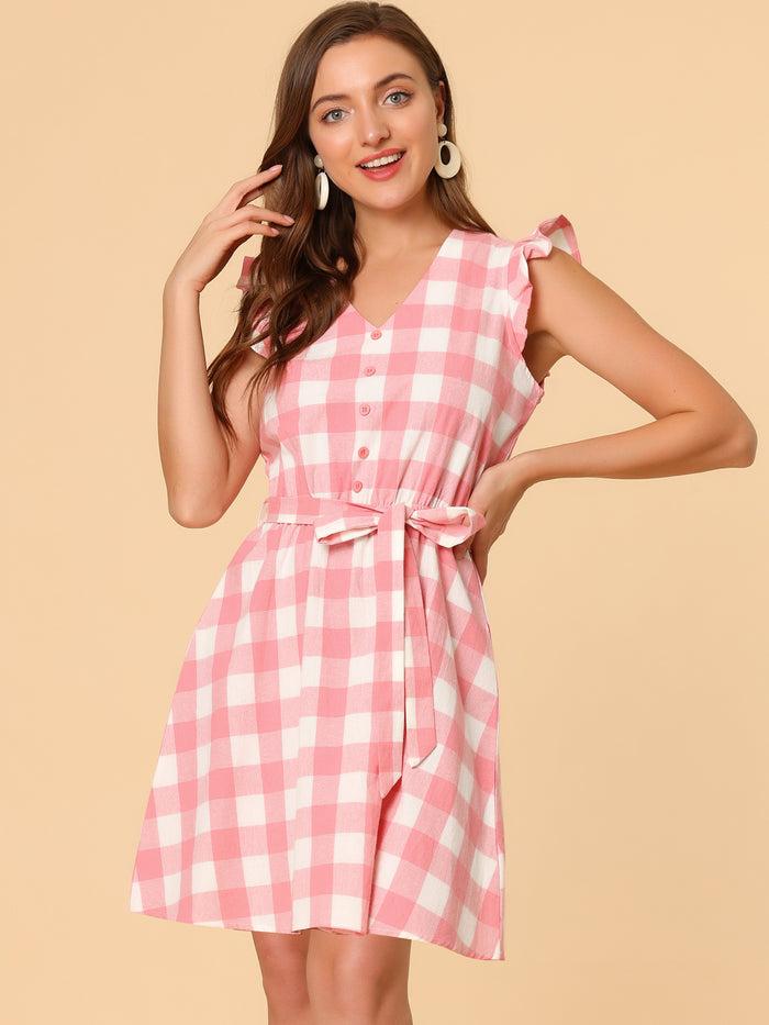 Allegra K Casual Plaids Ruffled Sleeve A-Line Gingham Check Dress