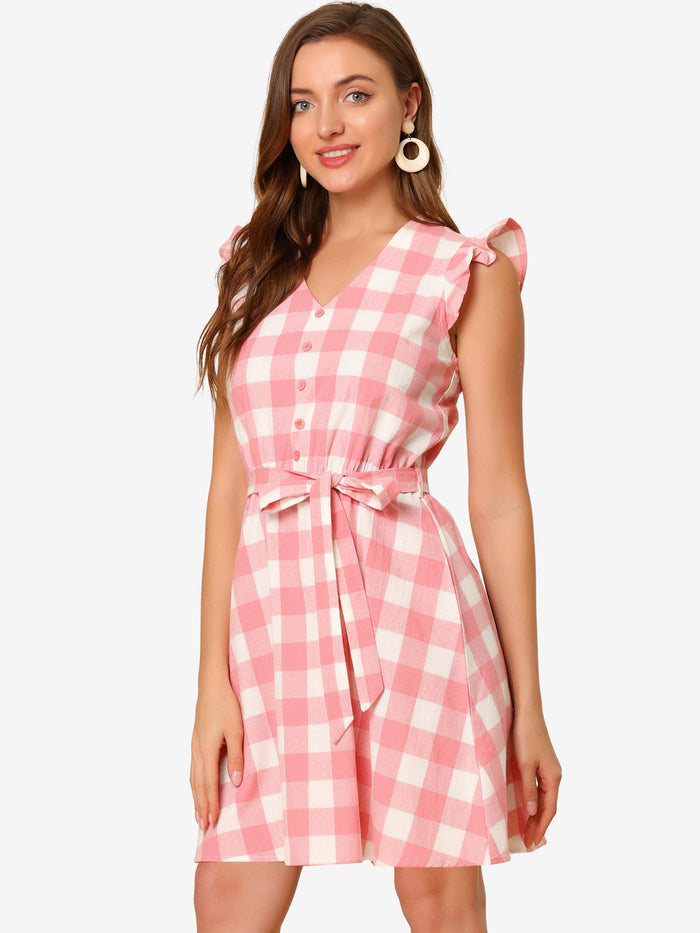 allegra k Casual Plaids Ruffled Sleeve A-Line Gingham Check Dress