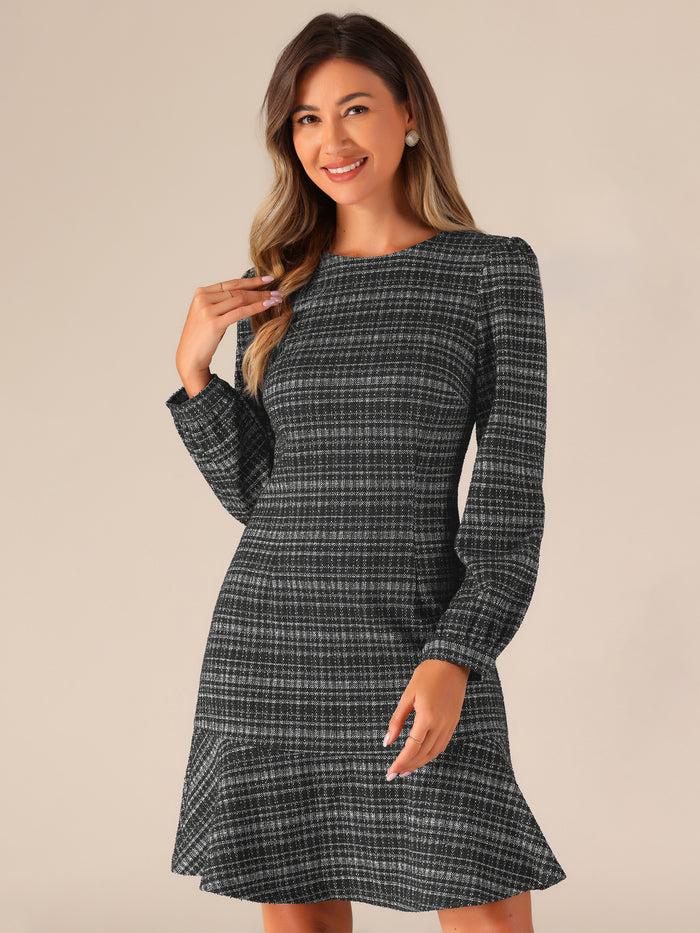 allegra k Casual Puff Sleeves Ruffle Hem Tweed Plaid Midi Dress