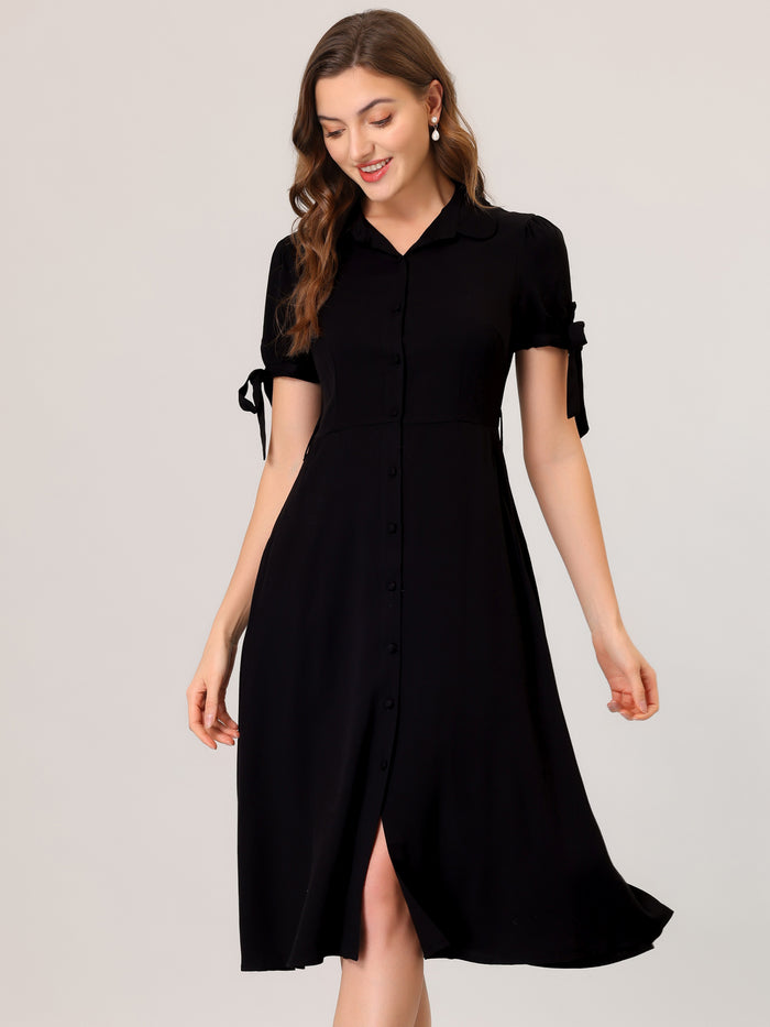 Allegra K Casual Short Sleeve Pocket Belted Button Down Midi Shirt Dress