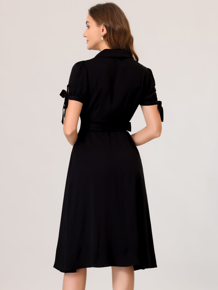 Allegra K Casual Short Sleeve Pocket Belted Button Down Midi Shirt Dress