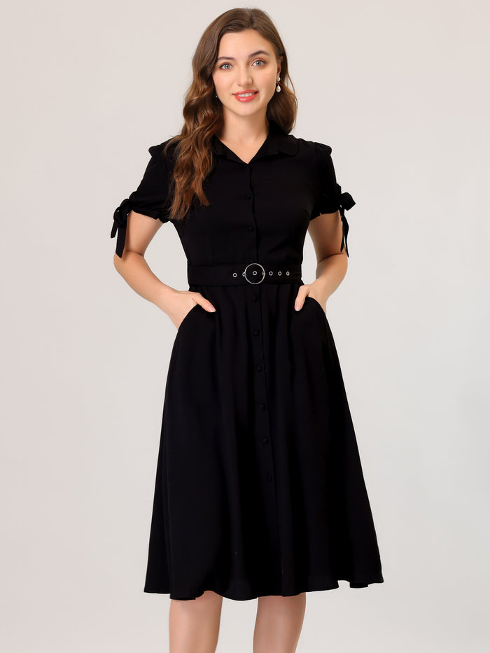 allegra k Casual Short Sleeve Pocket Belted Button Down Midi Shirt Dress