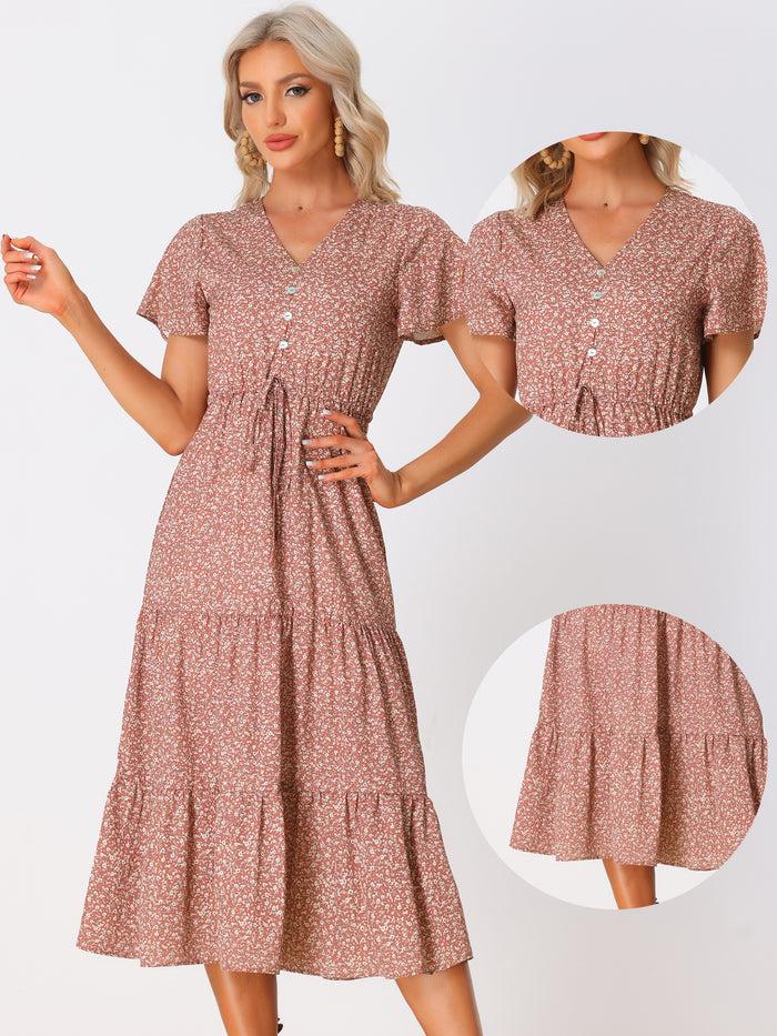 Allegra K Casual Short Sleeve V Neck Tiered Floral Midi Dress