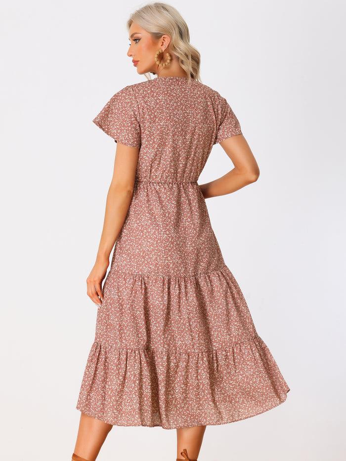 Allegra K Casual Short Sleeve V Neck Tiered Floral Midi Dress
