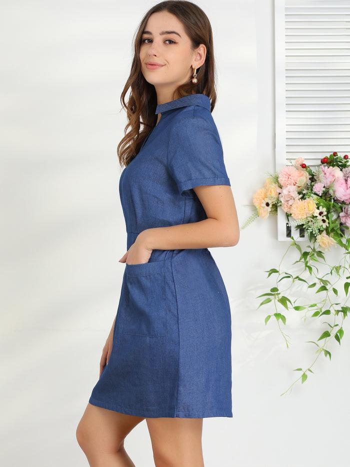 Allegra K Chambray Collared V Neck A-Line Shirt Denim Dress With Pockets