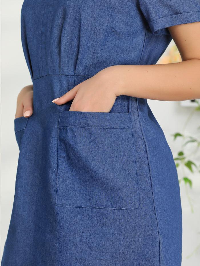 Allegra K Chambray Collared V Neck A-Line Shirt Denim Dress With Pockets