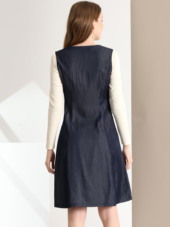 Allegra K Chambray Contrast Collar Long Sleeve Fit And Flare Denim Dress