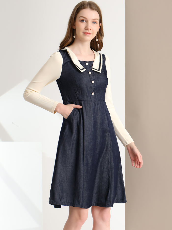 allegra k Chambray Contrast Collar Long Sleeve Fit and Flare Denim Dress