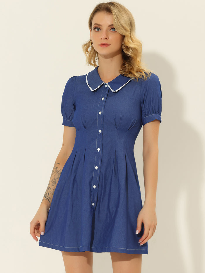 Allegra K Chambray Puff Short Sleeve Flared Button Front Shirt Dress