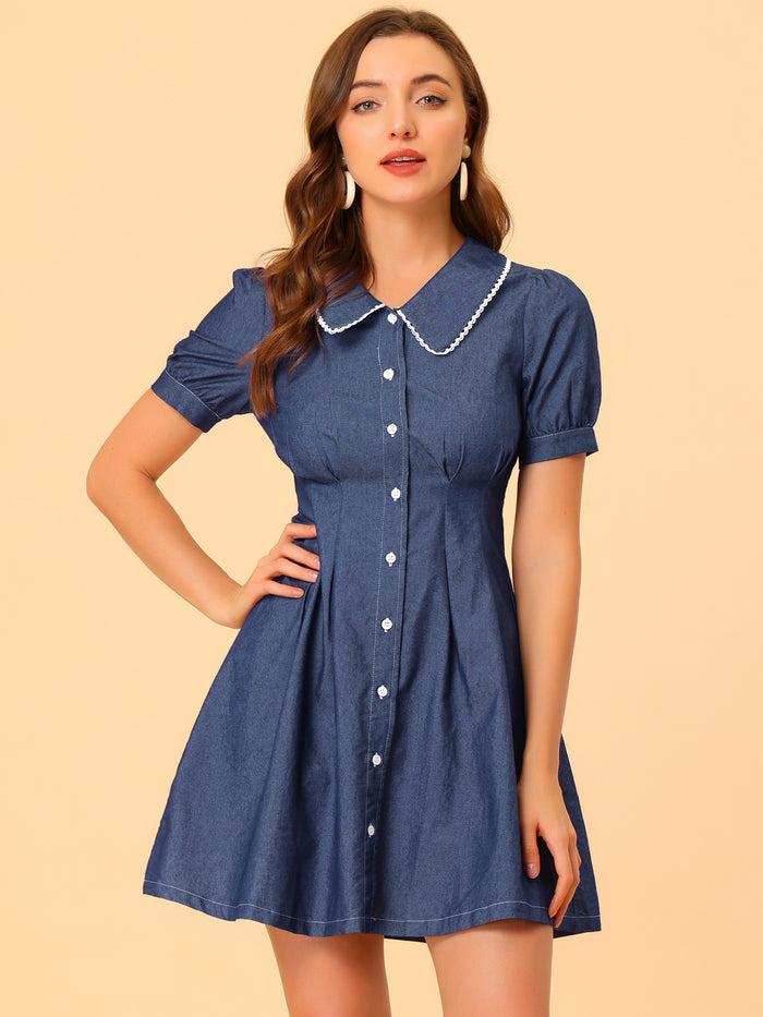 allegra k Chambray Puff Short Sleeve Flared Button Front Shirt Dress