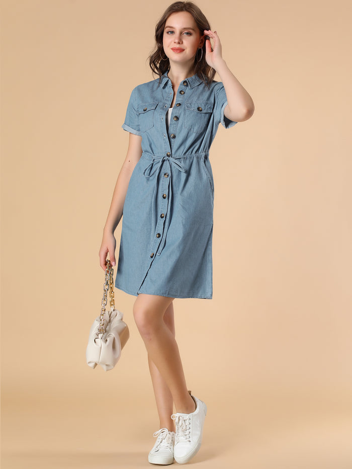 Allegra K Chambray Tie Waist Summer Casual Button Down Denim Dress
