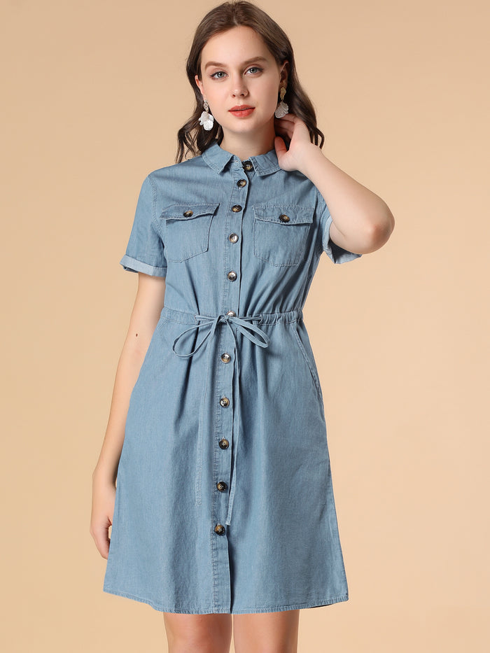 Allegra K Chambray Tie Waist Summer Casual Button Down Denim Dress