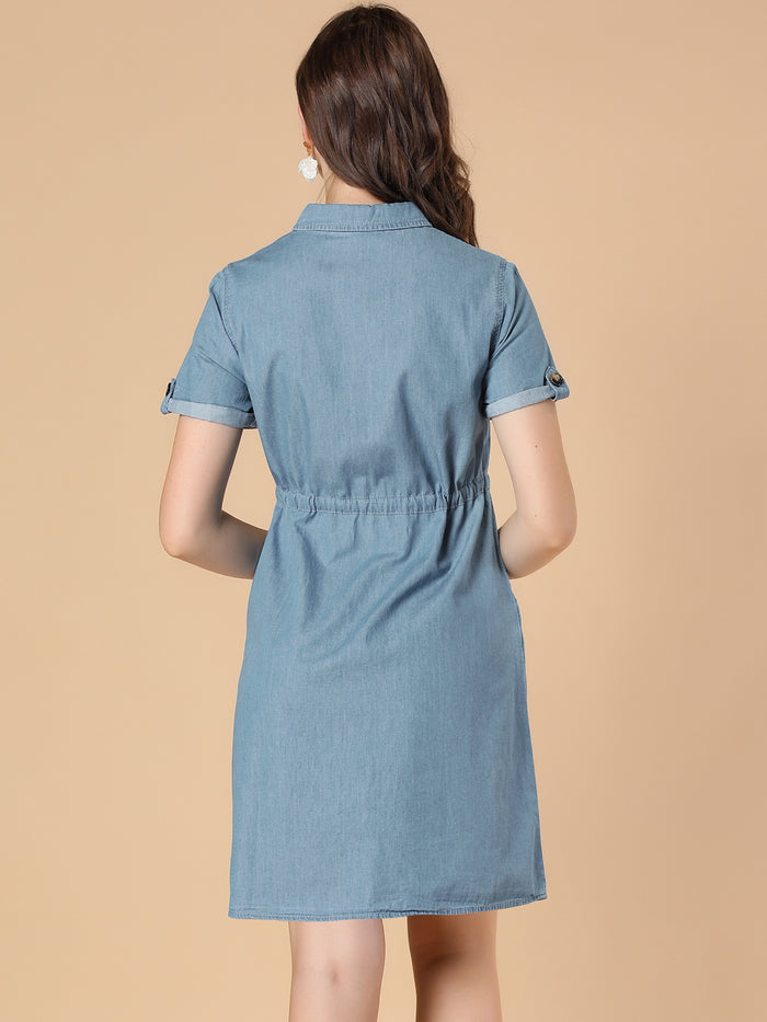 Allegra K Chambray Tie Waist Summer Casual Button Down Denim Dress