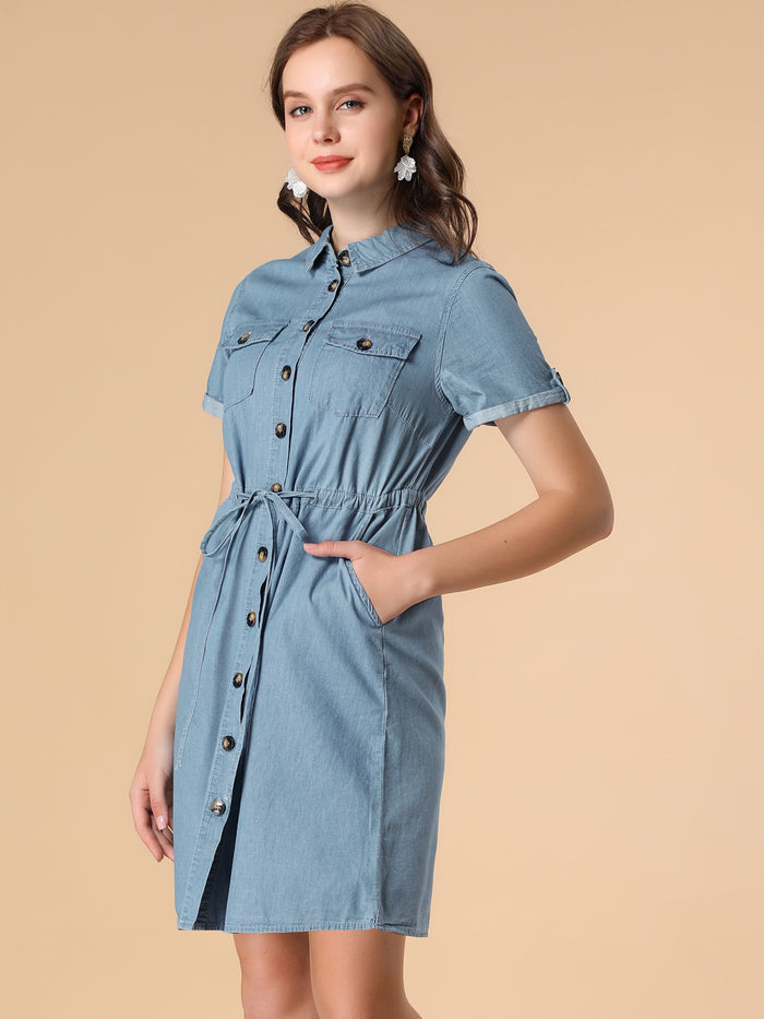 allegra k Chambray Tie Waist Summer Casual Button Down Denim Dress