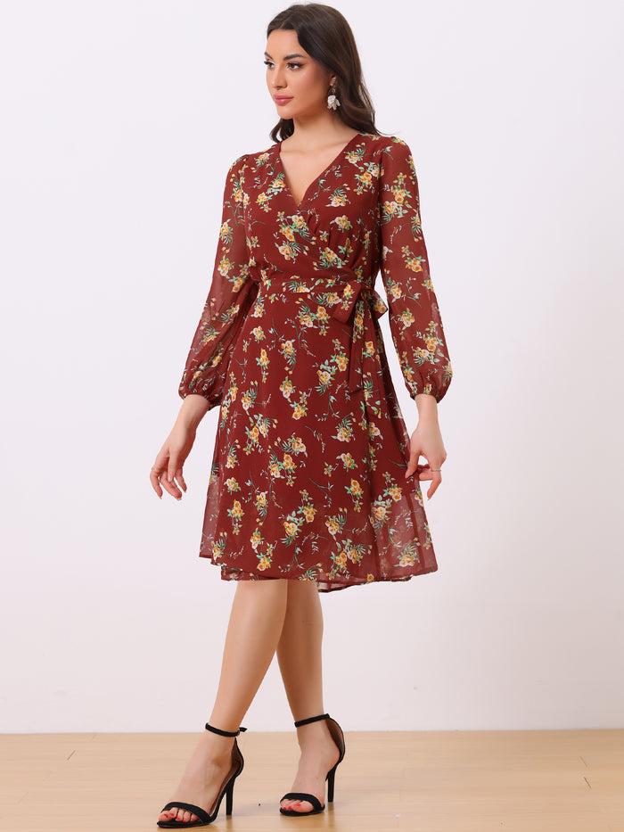 Allegra K Chiffon Floral V Neck Tie Waist Bishop Sleeve Casual Wrap Midi Dress