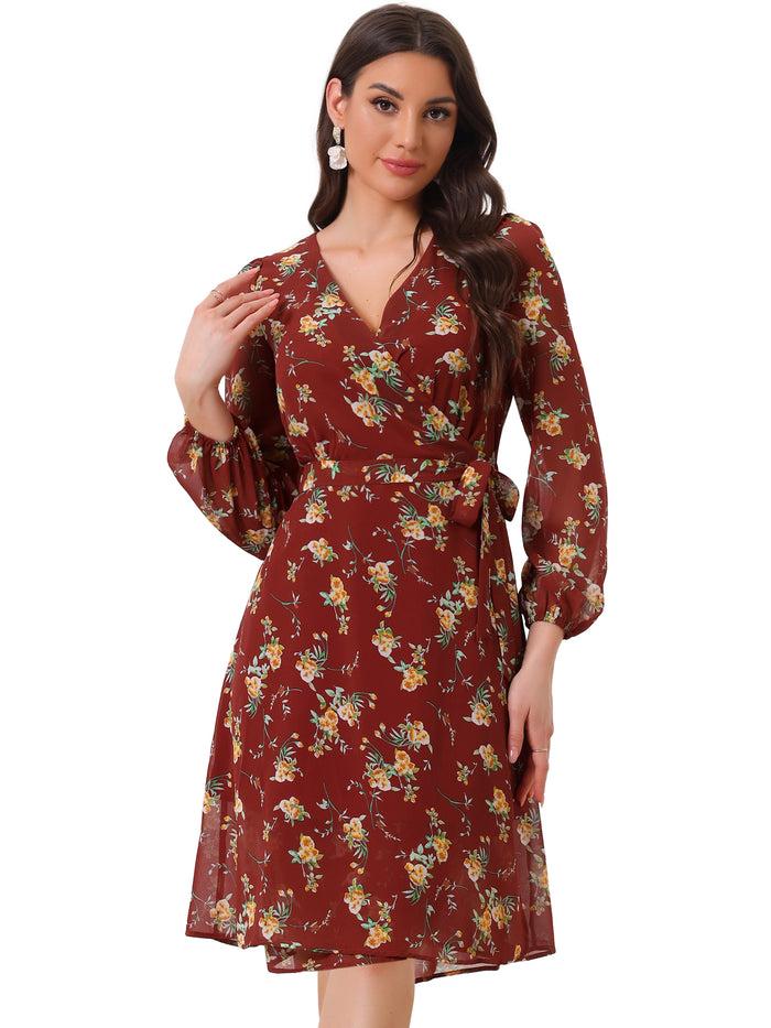 Allegra K Chiffon Floral V Neck Tie Waist Bishop Sleeve Casual Wrap Midi Dress
