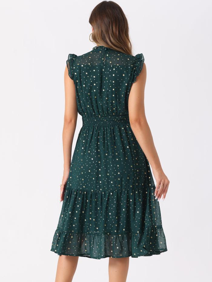Allegra K Chiffon Sleeveless Smocked Waist Gilding Metallic Stars Party Dress