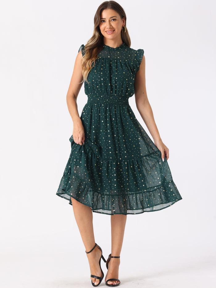 Allegra K Chiffon Sleeveless Smocked Waist Gilding Metallic Stars Party Dress