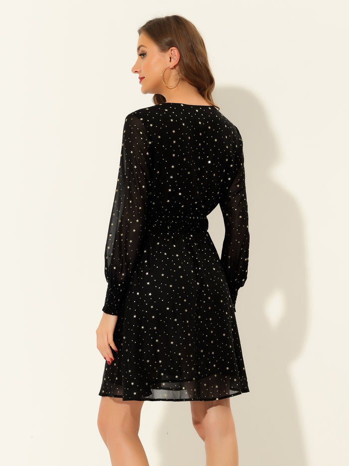 Allegra K Chiffon V-Neck Smocked Waist Party Metallic Stars Short Dress
