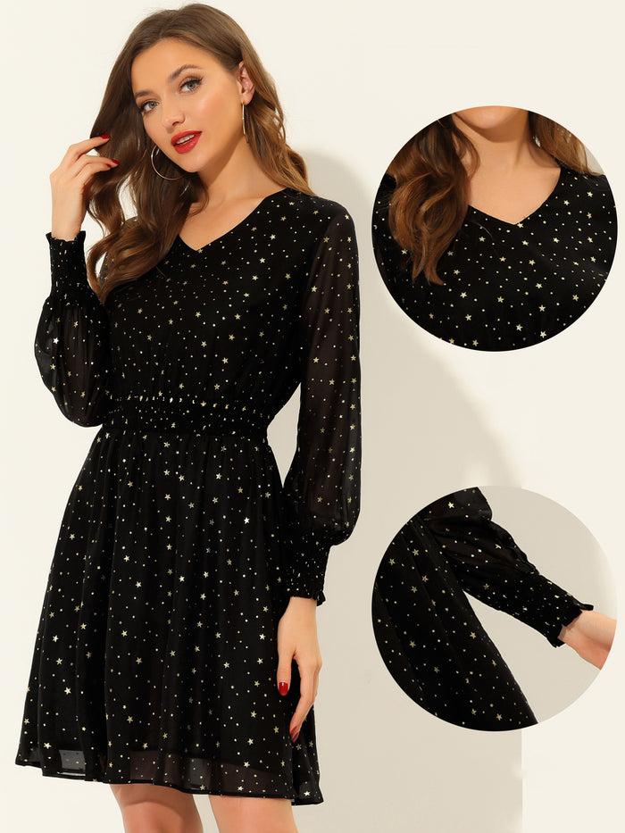 Allegra K Chiffon V-Neck Smocked Waist Party Metallic Stars Short Dress