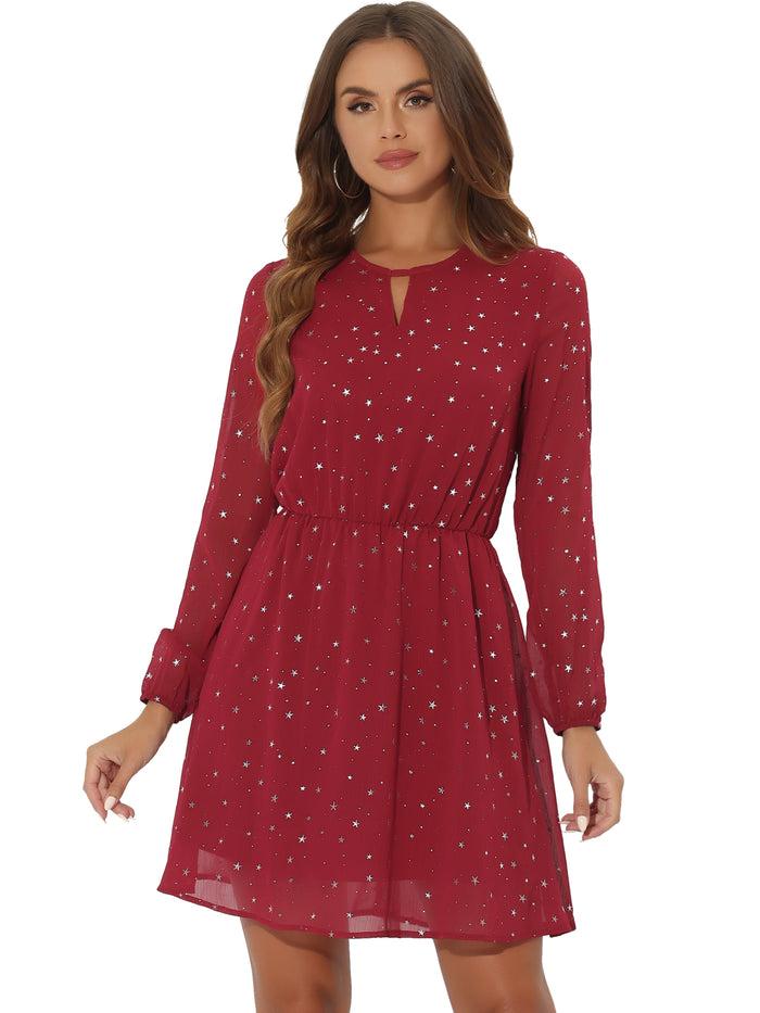 Allegra K Choker V Neck Flared Gilding Metallic Shiny Star A-Line Dress