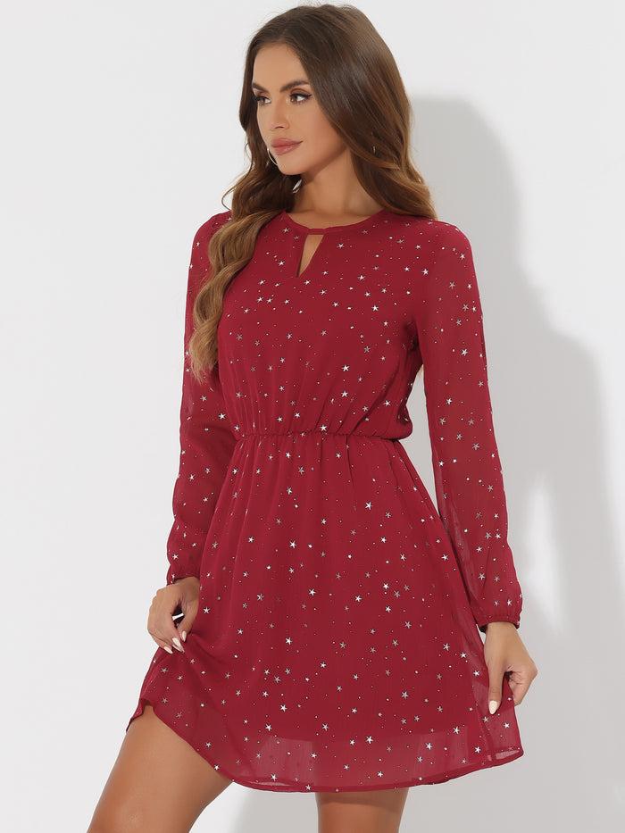 allegra k Choker V Neck Flared Gilding Metallic Shiny Star A-Line Dress