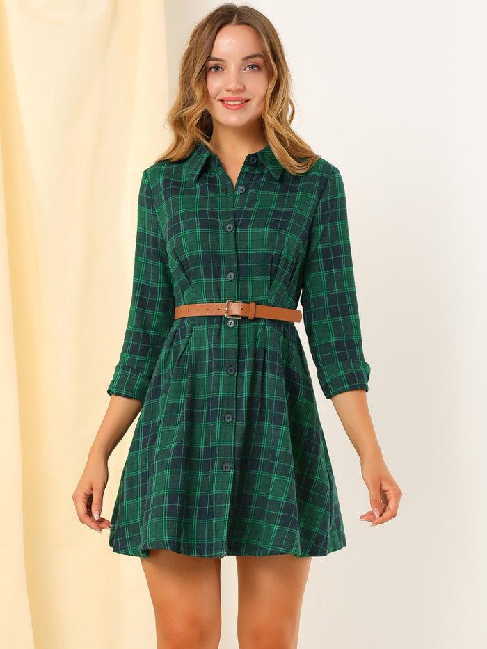 Allegra K Christmas Plaid High Waist A-Line Button Up Flared Shirt Dress