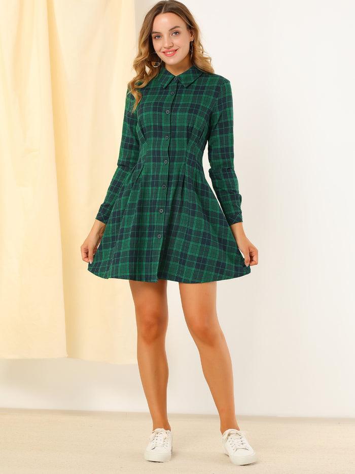 Allegra K Christmas Plaid High Waist A-Line Button Up Flared Shirt Dress