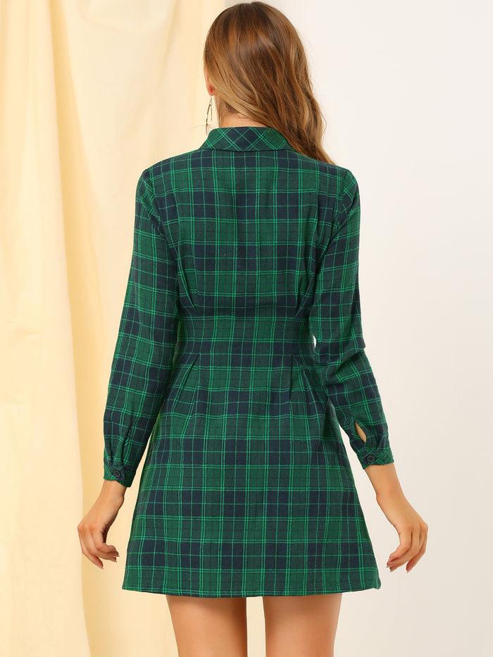 Allegra K Christmas Plaid High Waist A-Line Button Up Flared Shirt Dress