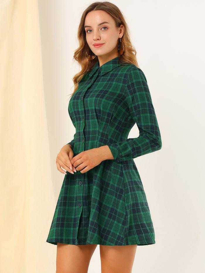 allegra k Christmas Plaid High Waist A-Line Button Up Flared Shirt Dress