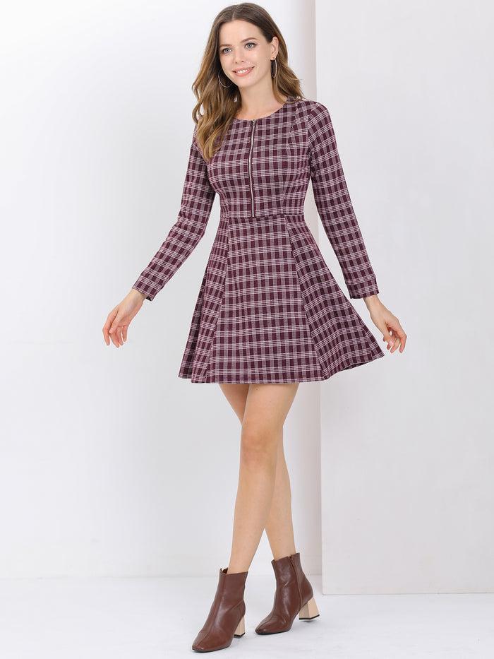 Allegra K Christmas Plaid Long Sleeve Office Zip Up Fit And Flare Mini Dress