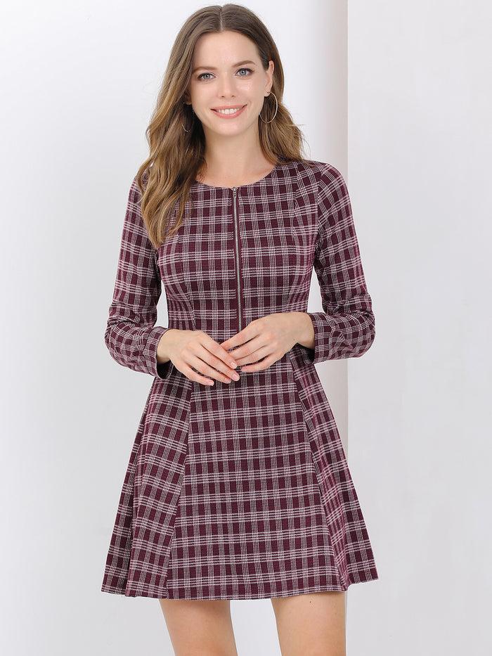 Allegra K Christmas Plaid Long Sleeve Office Zip Up Fit And Flare Mini Dress