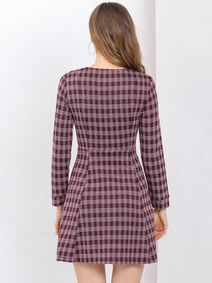Allegra K Christmas Plaid Long Sleeve Office Zip Up Fit And Flare Mini Dress