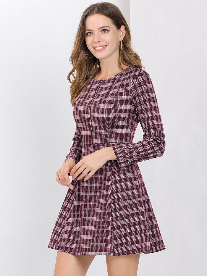 allegra k Christmas Plaid Long Sleeve Office Zip Up Fit and Flare Mini Dress