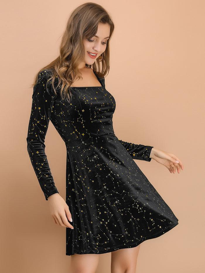 Allegra K Christmas Stars Square Neck Vintage Velvet Mini Dress