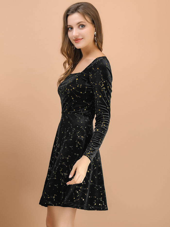 Allegra K Christmas Stars Square Neck Vintage Velvet Mini Dress
