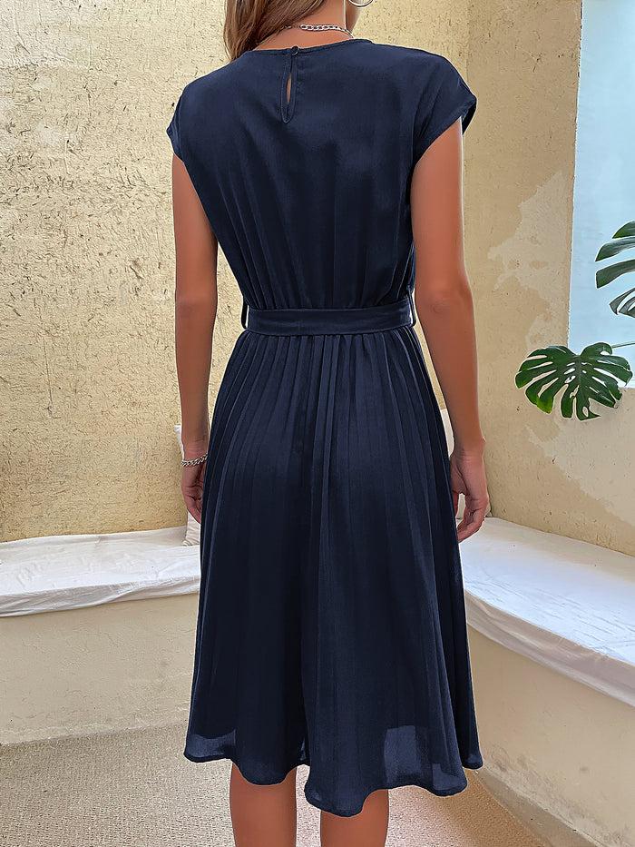 Allegra K Classic A-Line Short Sleeves Solid Color Belted Pleated Midi Casual Dress