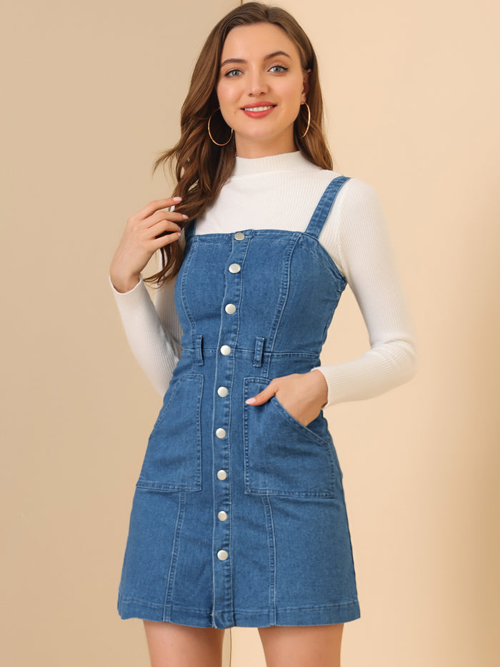 Allegra K Classic Adjustable Strap A-Line Denim Overall Dress