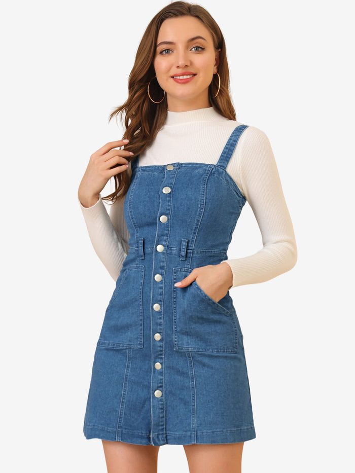 allegra k Classic Adjustable Strap A-Line Denim Overall Dress