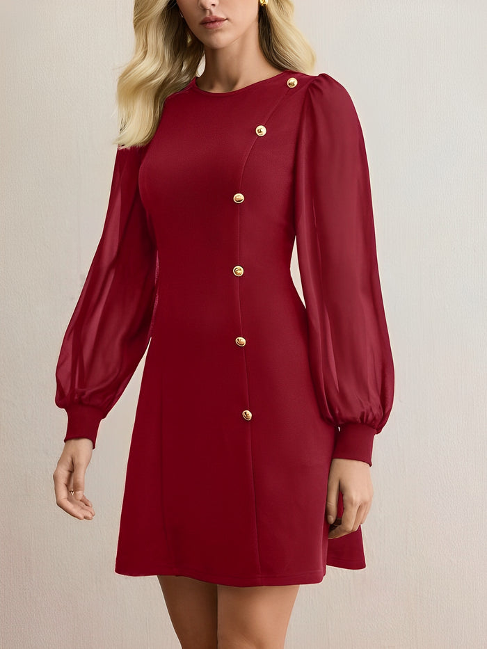 Allegra K Classic Round Neck With Timeless Button Front Long Sleeve A-Line Casual Dress